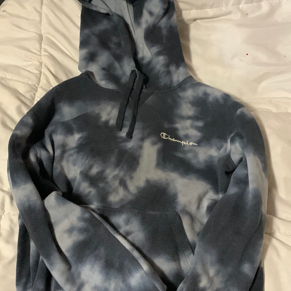 Dark and light grey tie dye Champion hoodie, size small. Gently used.